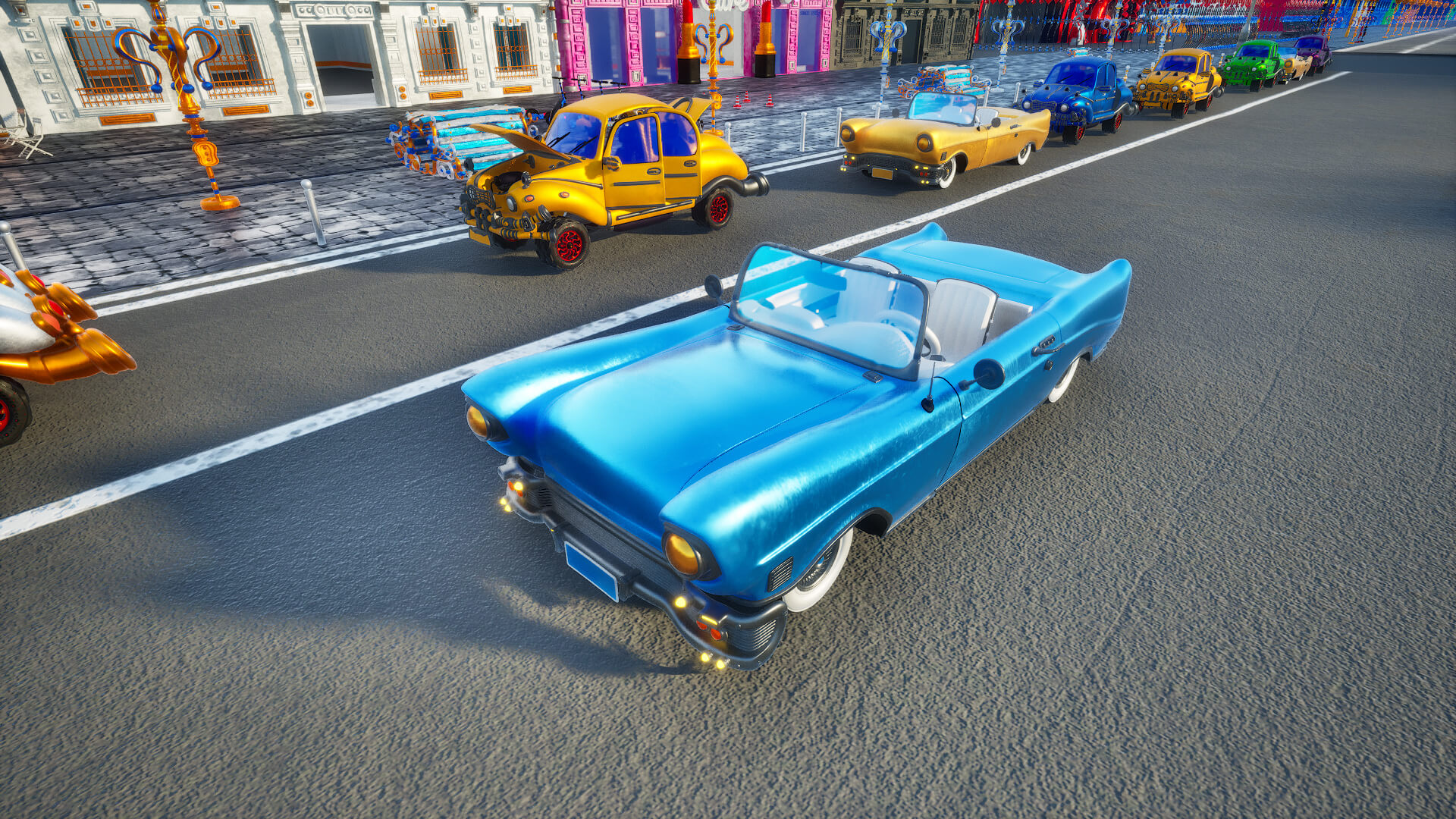 Unreal Engine in-game screenshot of a blue Amber Car from Goldanniyatech