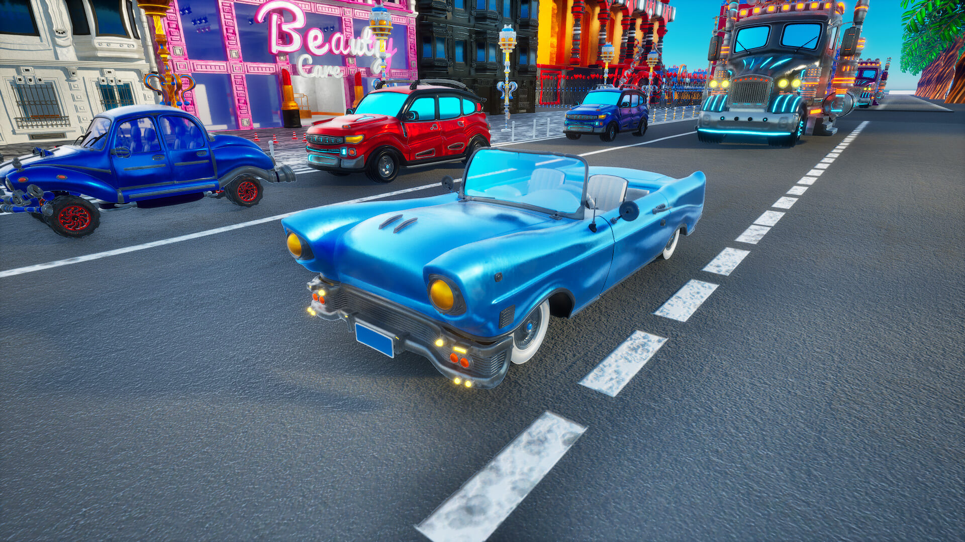 Unreal Engine in-game screenshot of a blue Amber Car from Goldanniyatech